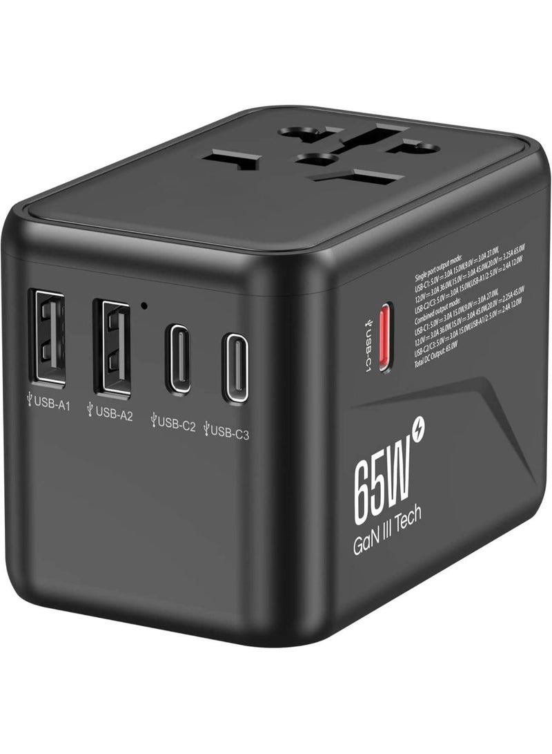 يويو تيك محول سفر عالمي 65 واط GaN III، محول قابس سفر أوروبي 5 في 1، شاحن حائط سريع 2x USB-A و3 xUSB C، ومقبس تيار متردد عالمي لأوروبا والولايات المتحدة الأمريكية والمملكة المتحدة وأستراليا وآسيا (أسود) - Image 1